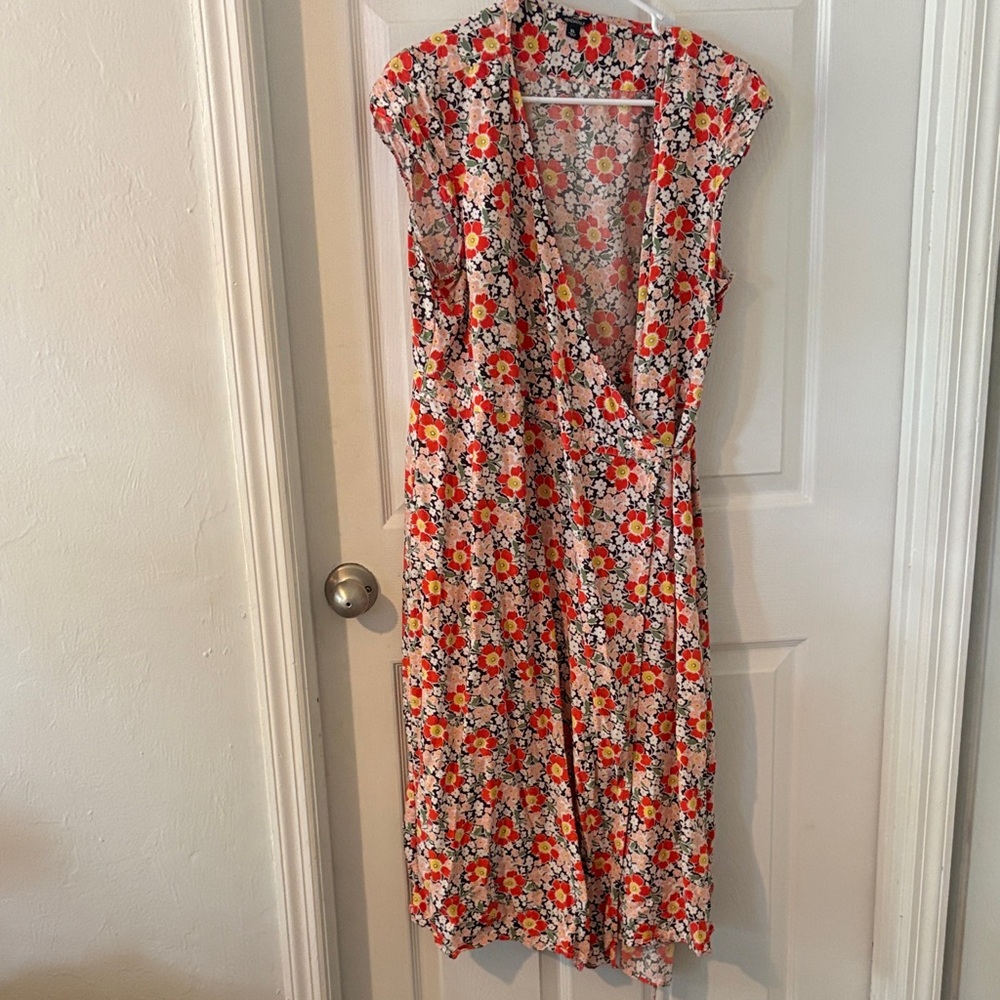 J. Crew Red and Yellow Floral Wrap Midi Dress